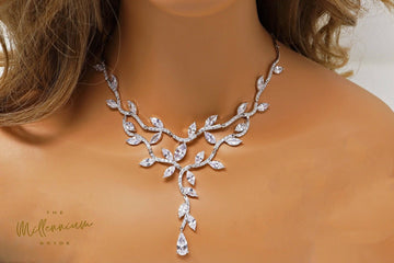 Swarovski Crystal Two Vine Leaves Necklace, Long Bridal Jewelry, Bridal Earrings And Necklace, Statement Earrings Cz Necklace Set.